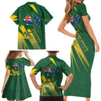 Australia Athletics Family Matching Short Sleeve Bodycon Dress and Hawaiian Shirt Australian Flag Map Track Runner Silhouette Green Gold
