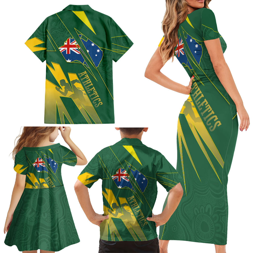 Australia Athletics Family Matching Short Sleeve Bodycon Dress and Hawaiian Shirt Australian Flag Map Track Runner Silhouette Green Gold