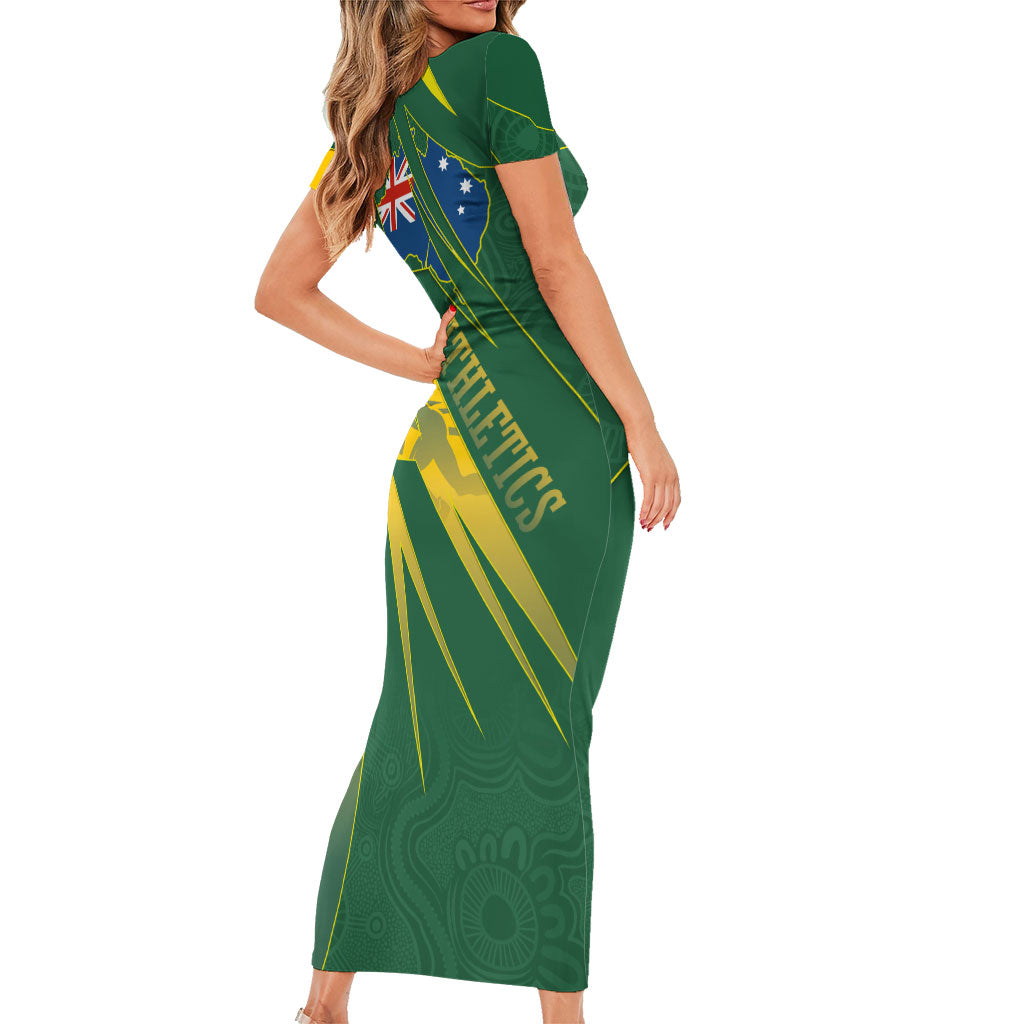 Australia Athletics Family Matching Short Sleeve Bodycon Dress and Hawaiian Shirt Australian Flag Map Track Runner Silhouette Green Gold