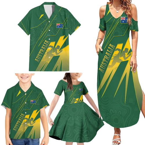 Australia Athletics Family Matching Summer Maxi Dress and Hawaiian Shirt Australian Flag Map Track Runner Silhouette Green Gold