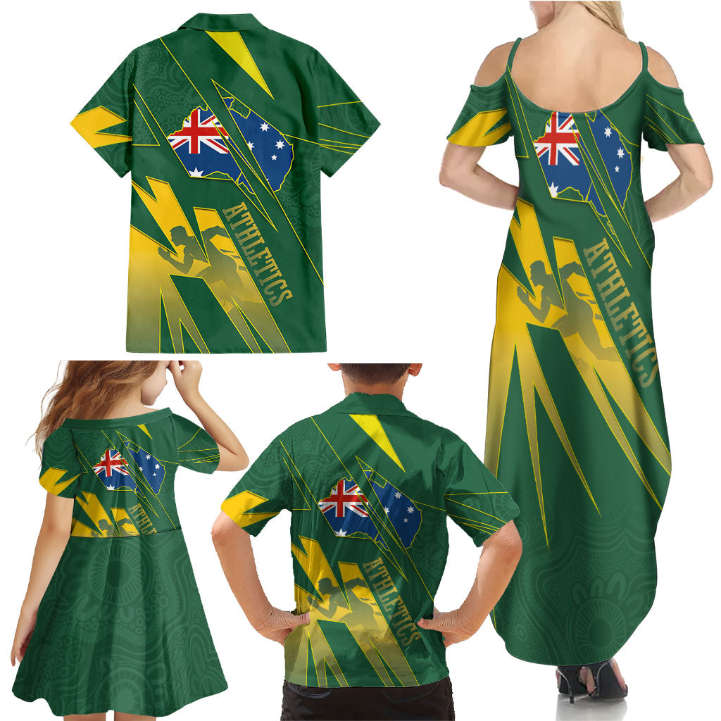 Australia Athletics Family Matching Summer Maxi Dress and Hawaiian Shirt Australian Flag Map Track Runner Silhouette Green Gold