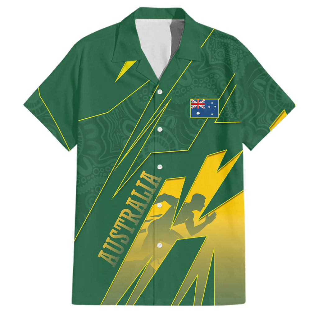 Australia Athletics Family Matching Summer Maxi Dress and Hawaiian Shirt Australian Flag Map Track Runner Silhouette Green Gold