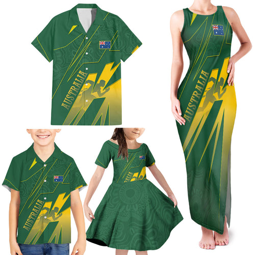 Australia Athletics Family Matching Tank Maxi Dress and Hawaiian Shirt Australian Flag Map Track Runner Silhouette Green Gold