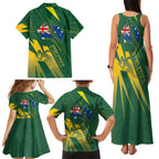 Australia Athletics Family Matching Tank Maxi Dress and Hawaiian Shirt Australian Flag Map Track Runner Silhouette Green Gold