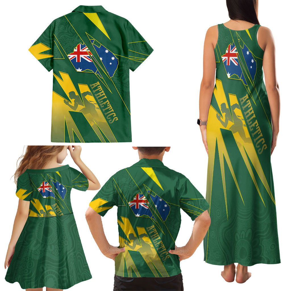 Australia Athletics Family Matching Tank Maxi Dress and Hawaiian Shirt Australian Flag Map Track Runner Silhouette Green Gold