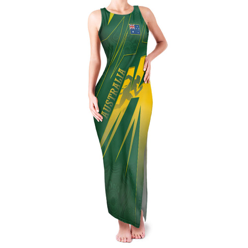 Australia Athletics Family Matching Tank Maxi Dress and Hawaiian Shirt Australian Flag Map Track Runner Silhouette Green Gold