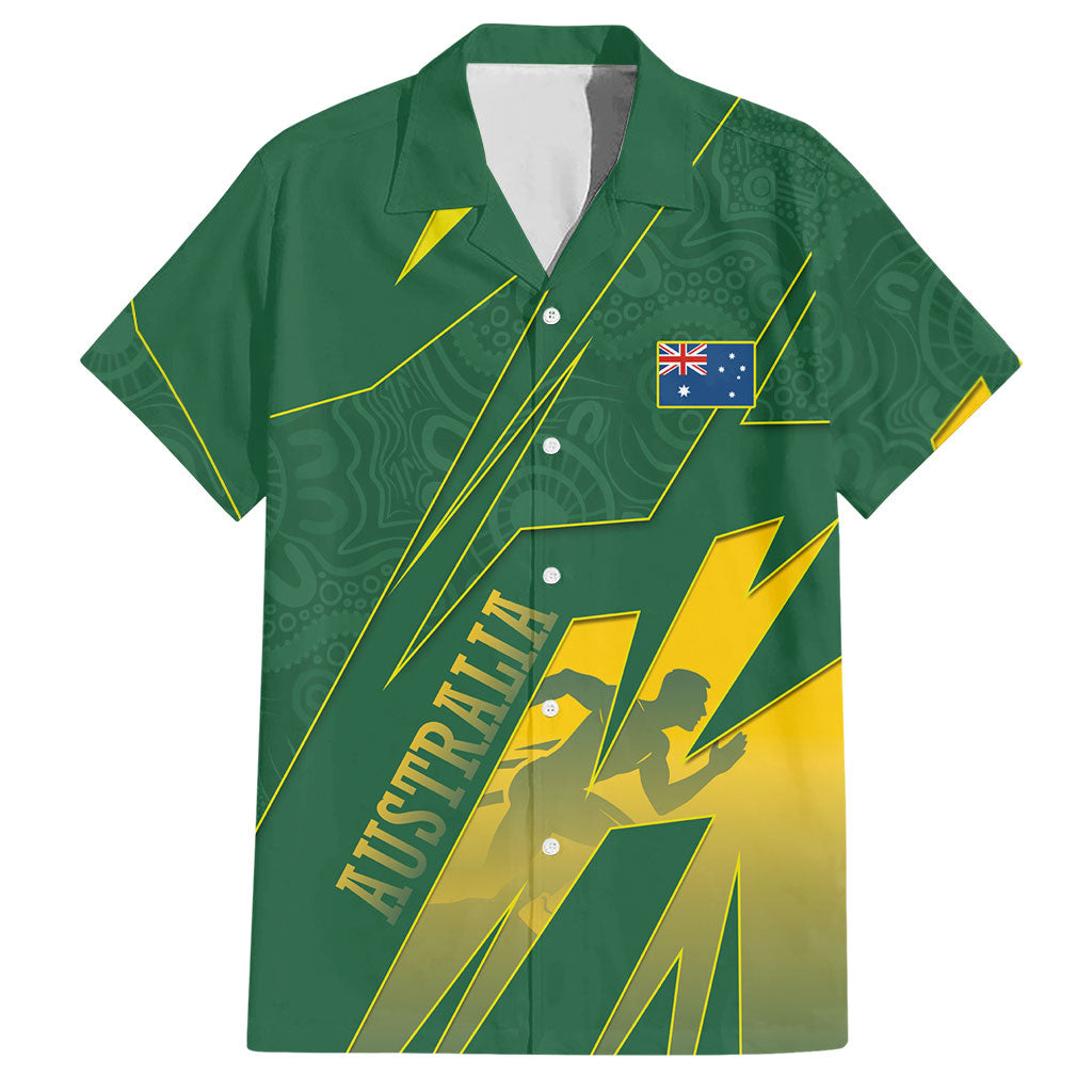 Australia Athletics Hawaiian Shirt Australian Flag Map Track Runner Silhouette Green Gold