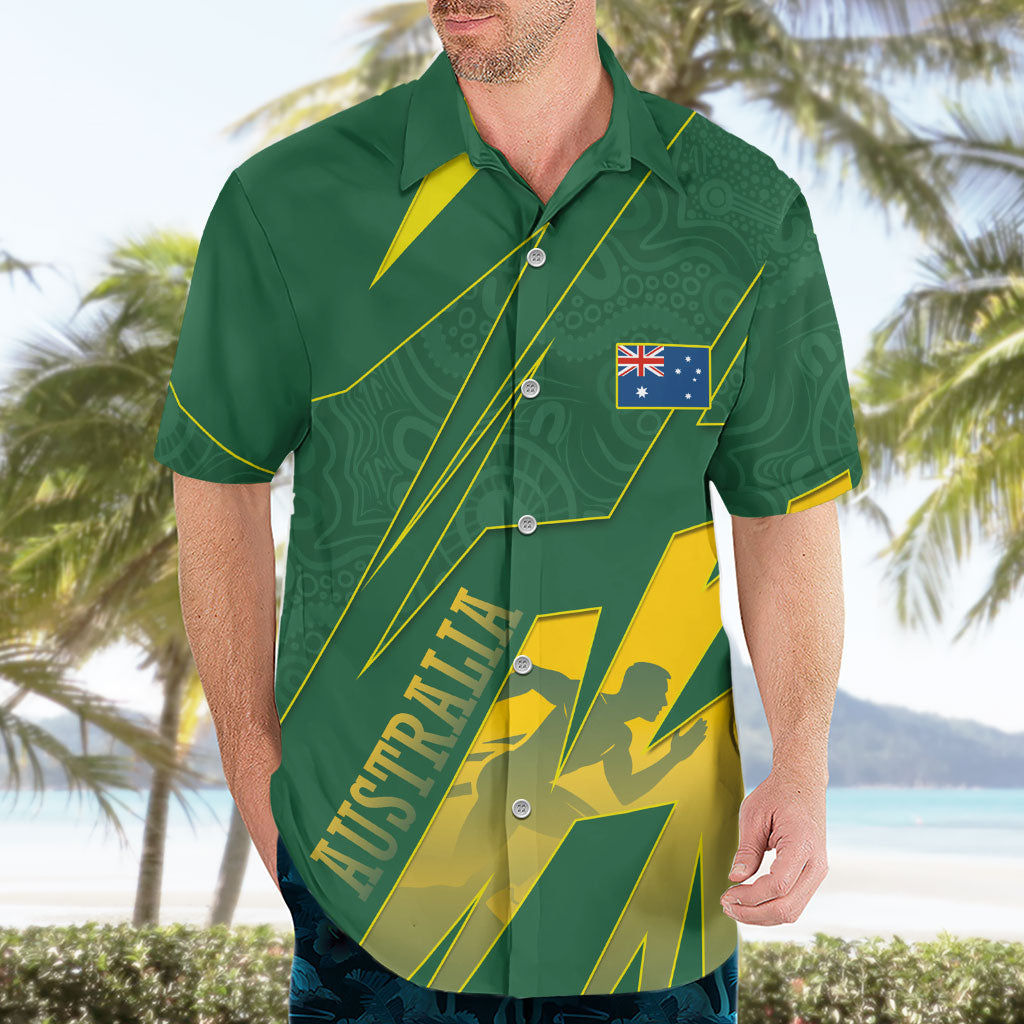 Australia Athletics Hawaiian Shirt Australian Flag Map Track Runner Silhouette Green Gold