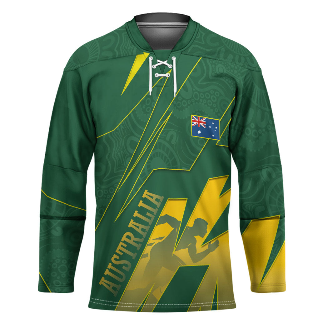Australia Athletics Hockey Jersey Australian Flag Map Track Runner Silhouette Green Gold