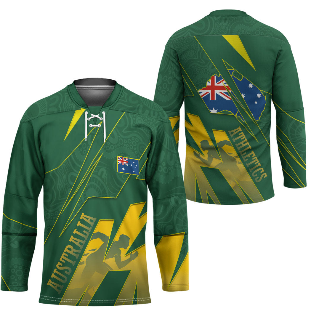 Australia Athletics Hockey Jersey Australian Flag Map Track Runner Silhouette Green Gold