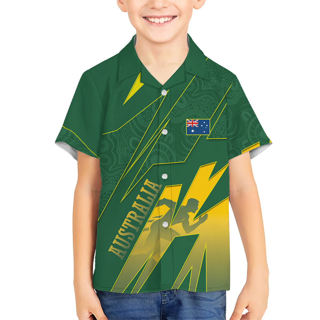 Australia Athletics Kid Hawaiian Shirt Australian Flag Map Track Runner Silhouette Green Gold