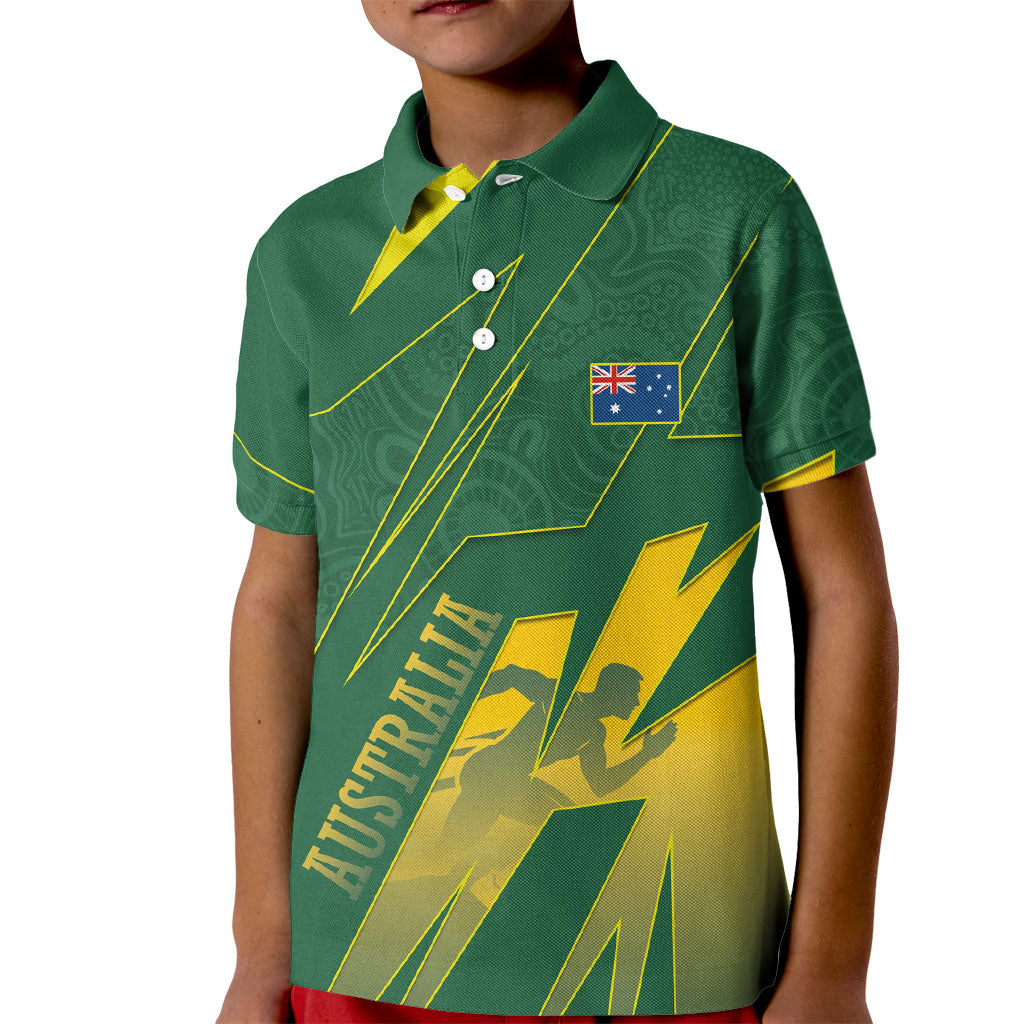 Australia Athletics Kid Polo Shirt Australian Flag Map Track Runner Silhouette Green Gold