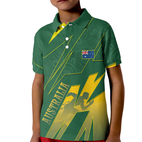 Australia Athletics Kid Polo Shirt Australian Flag Map Track Runner Silhouette Green Gold
