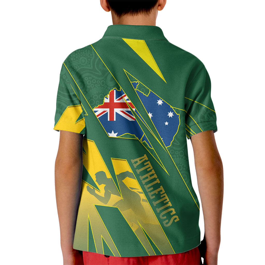 Australia Athletics Kid Polo Shirt Australian Flag Map Track Runner Silhouette Green Gold