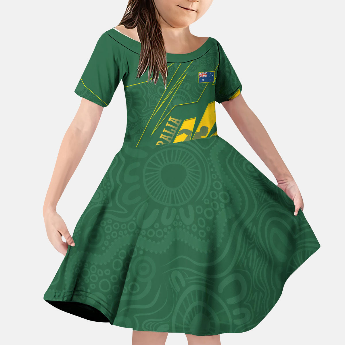 Australia Athletics Kid Short Sleeve Dress Australian Flag Map Track Runner Silhouette Green Gold
