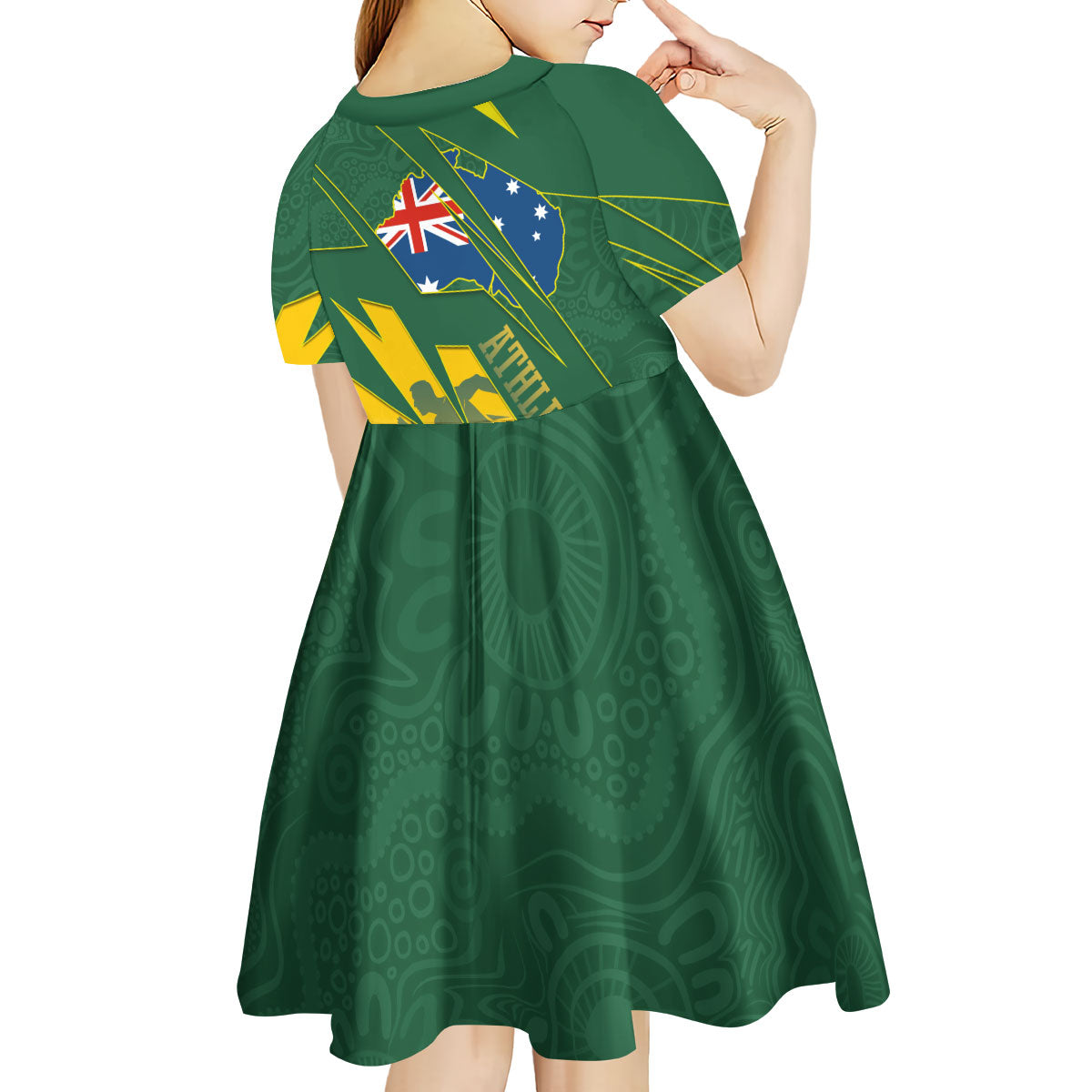 Australia Athletics Kid Short Sleeve Dress Australian Flag Map Track Runner Silhouette Green Gold