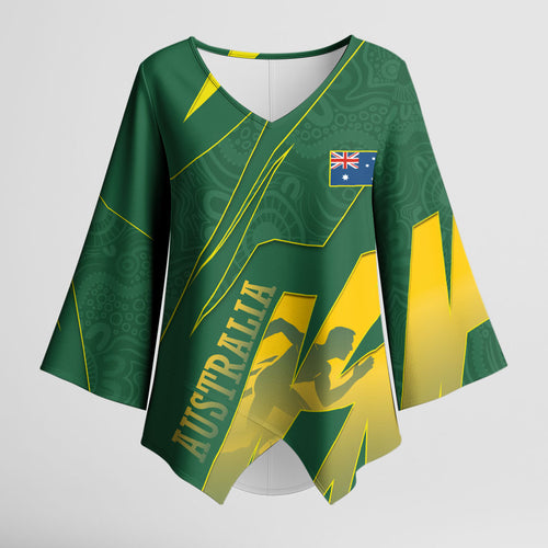 Australia Athletics Kimono Sleeve Blouse Australian Flag Map Track Runner Silhouette Green Gold