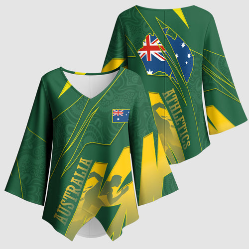 Australia Athletics Kimono Sleeve Blouse Australian Flag Map Track Runner Silhouette Green Gold