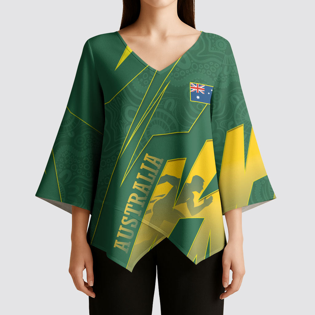 Australia Athletics Kimono Sleeve Blouse Australian Flag Map Track Runner Silhouette Green Gold