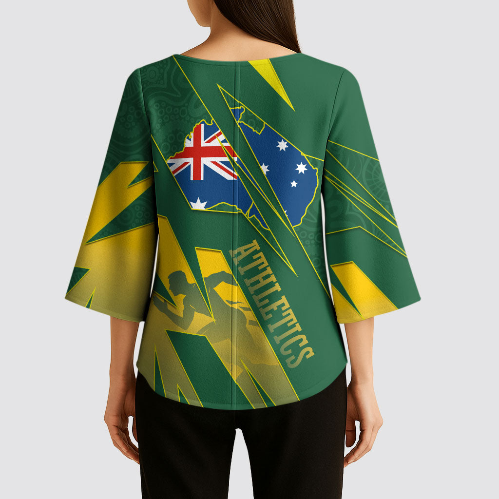 Australia Athletics Kimono Sleeve Blouse Australian Flag Map Track Runner Silhouette Green Gold
