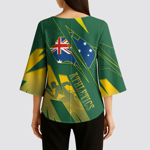 Australia Athletics Kimono Sleeve Blouse Australian Flag Map Track Runner Silhouette Green Gold