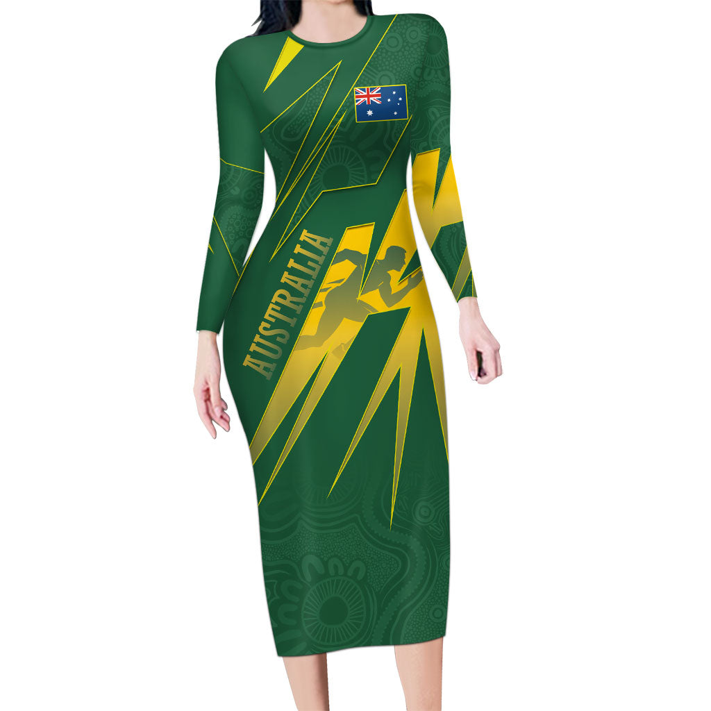 Australia Athletics Long Sleeve Bodycon Dress Australian Flag Map Track Runner Silhouette Green Gold