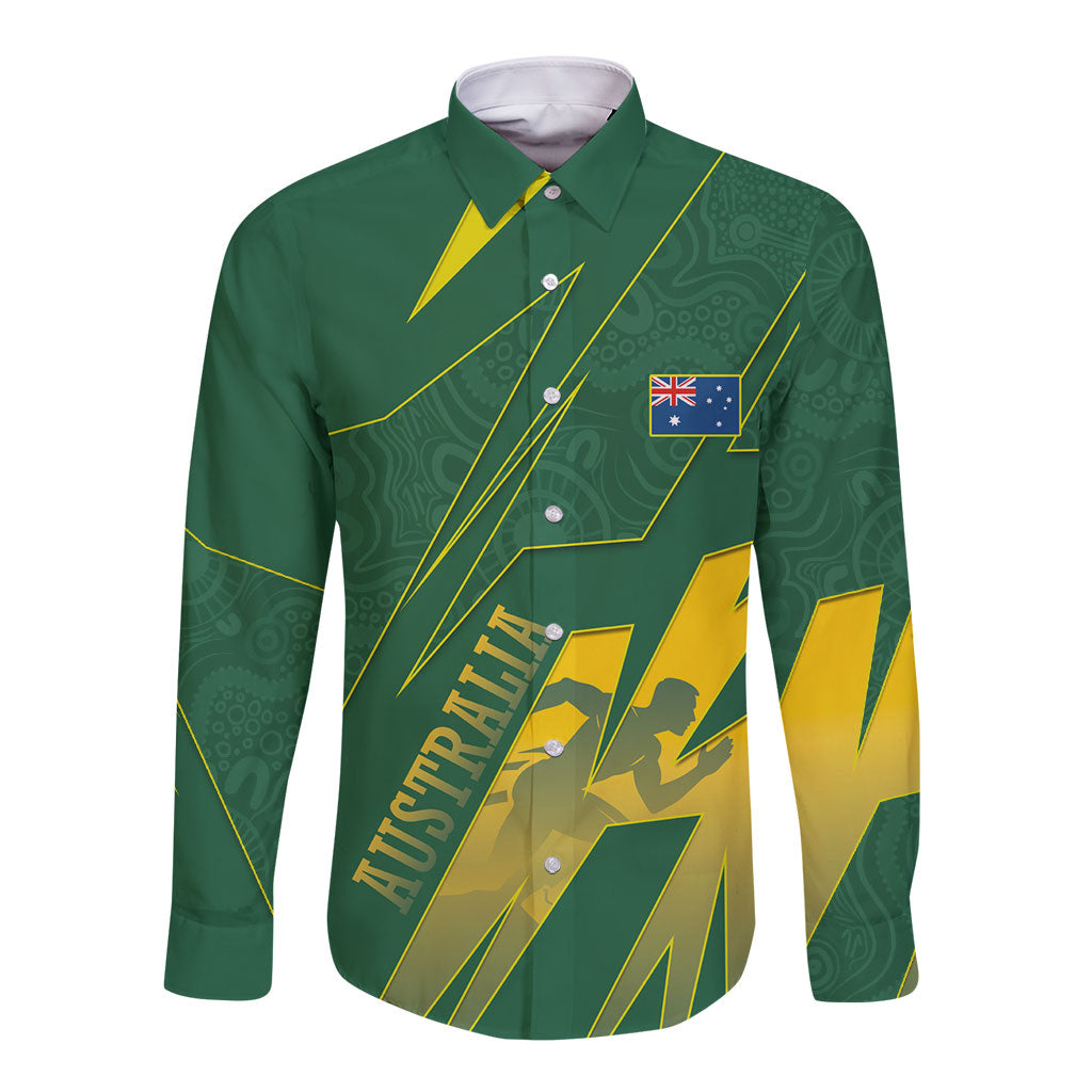 Australia Athletics Long Sleeve Button Shirt Australian Flag Map Track Runner Silhouette Green Gold