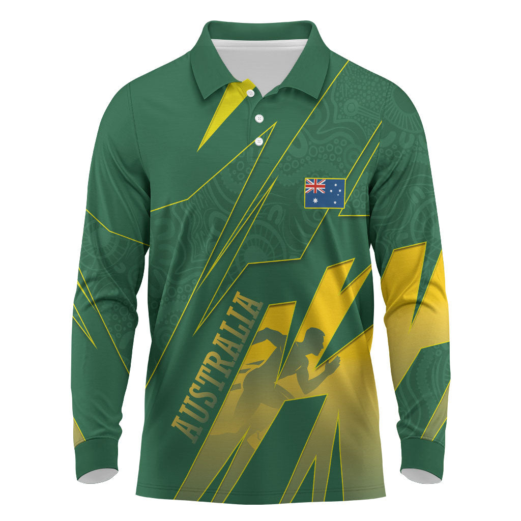Australia Athletics Long Sleeve Polo Shirt Australian Flag Map Track Runner Silhouette Green Gold