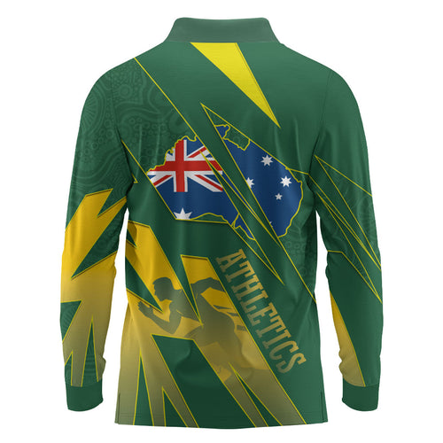 Australia Athletics Long Sleeve Polo Shirt Australian Flag Map Track Runner Silhouette Green Gold
