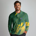 Australia Athletics Long Sleeve Polo Shirt Australian Flag Map Track Runner Silhouette Green Gold