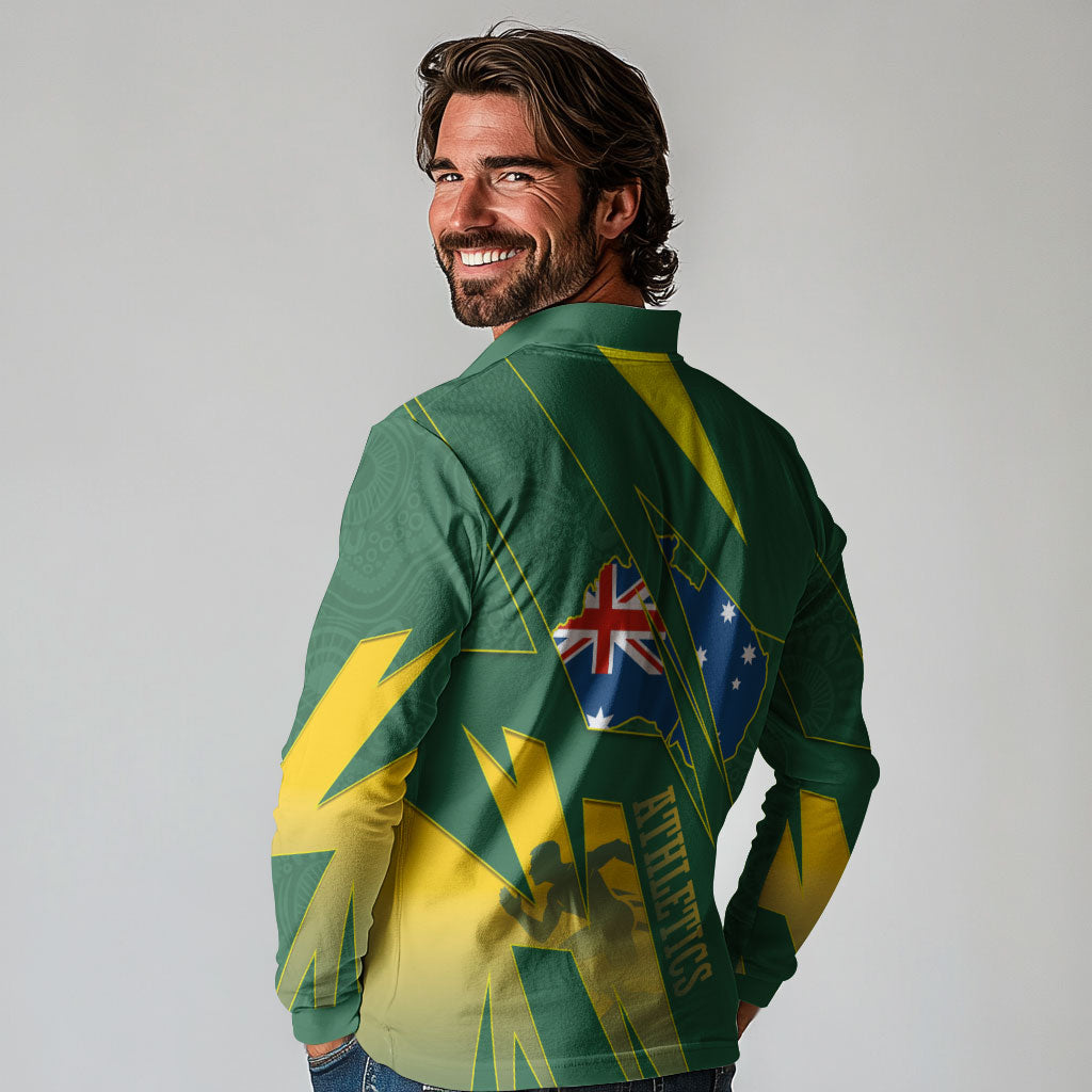 Australia Athletics Long Sleeve Polo Shirt Australian Flag Map Track Runner Silhouette Green Gold