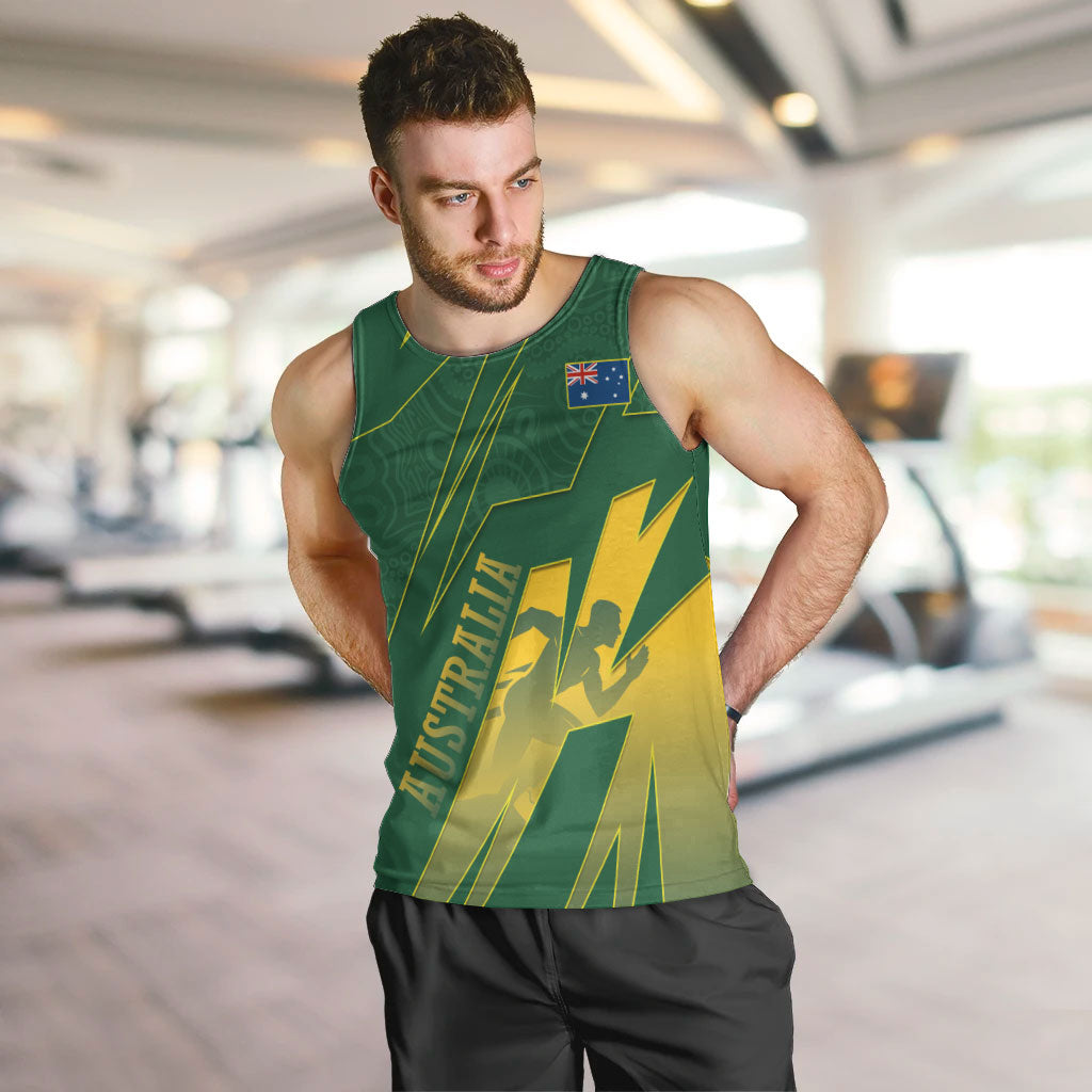Australia Athletics Men Tank Top Australian Flag Map Track Runner Silhouette Green Gold