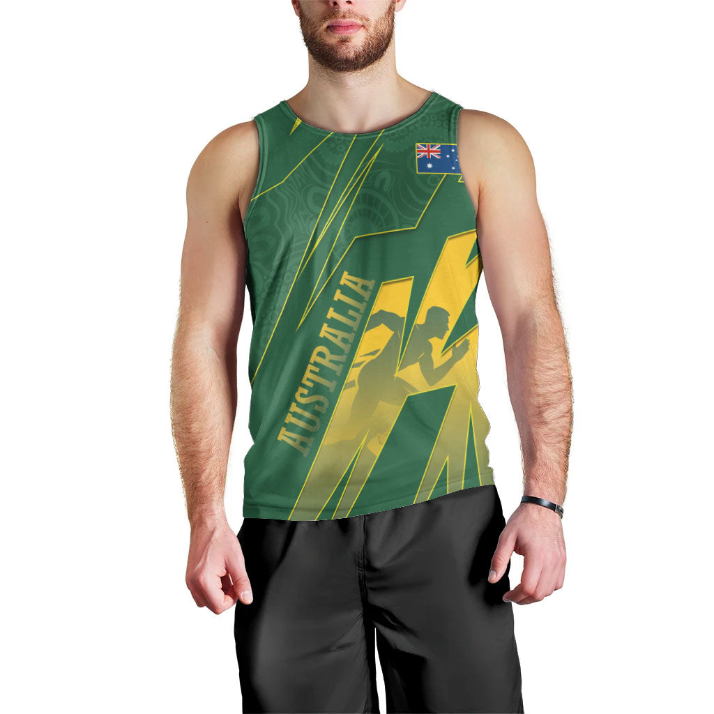 Australia Athletics Men Tank Top Australian Flag Map Track Runner Silhouette Green Gold