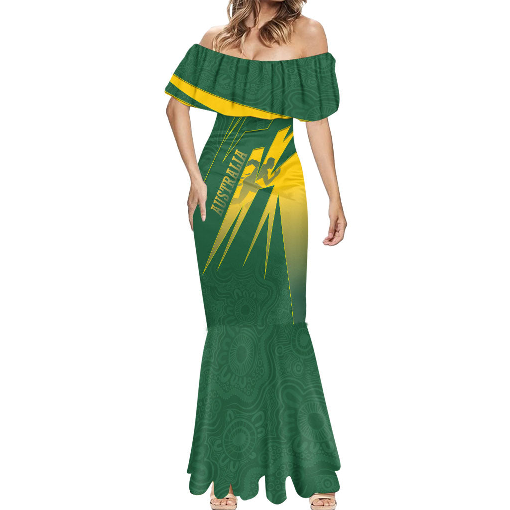 Australia Athletics Mermaid Dress Australian Flag Map Track Runner Silhouette Green Gold