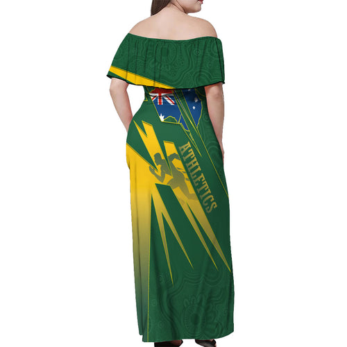 Australia Athletics Off Shoulder Maxi Dress Australian Flag Map Track Runner Silhouette Green Gold
