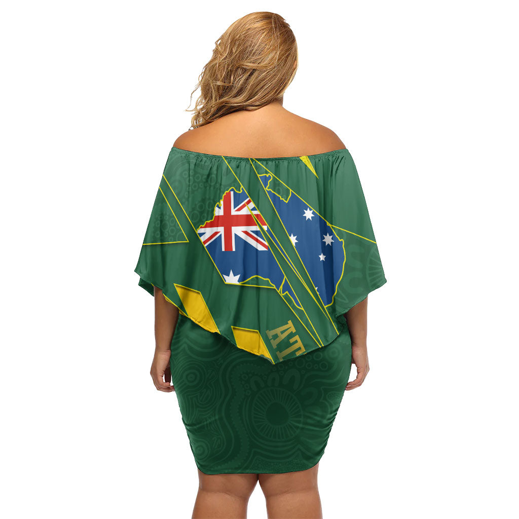 Australia Athletics Off Shoulder Short Dress Australian Flag Map Track Runner Silhouette Green Gold