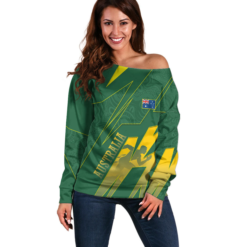 Australia Athletics Off Shoulder Sweater Australian Flag Map Track Runner Silhouette Green Gold