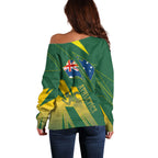 Australia Athletics Off Shoulder Sweater Australian Flag Map Track Runner Silhouette Green Gold