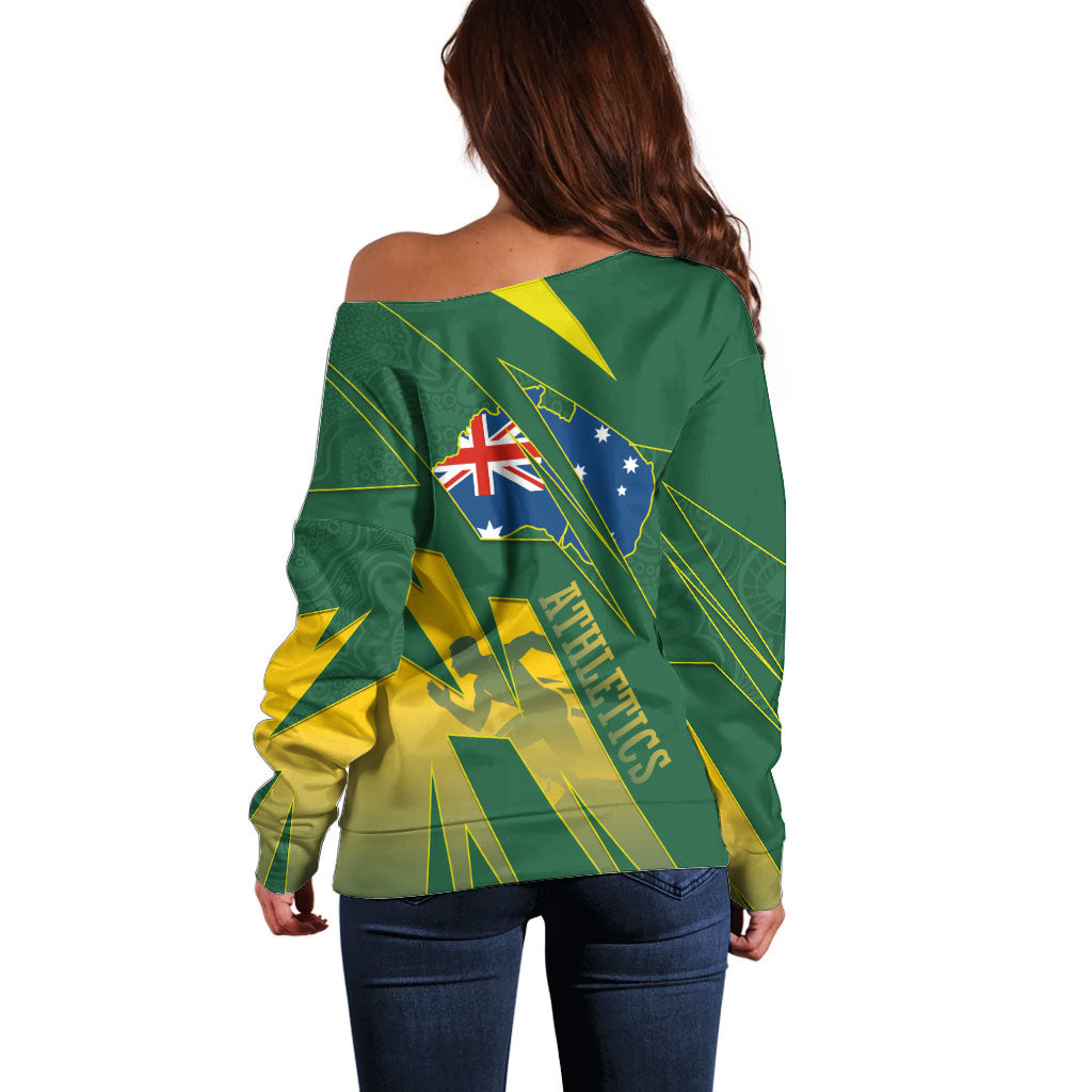 Australia Athletics Off Shoulder Sweater Australian Flag Map Track Runner Silhouette Green Gold