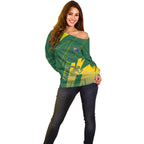 Australia Athletics Off Shoulder Sweater Australian Flag Map Track Runner Silhouette Green Gold