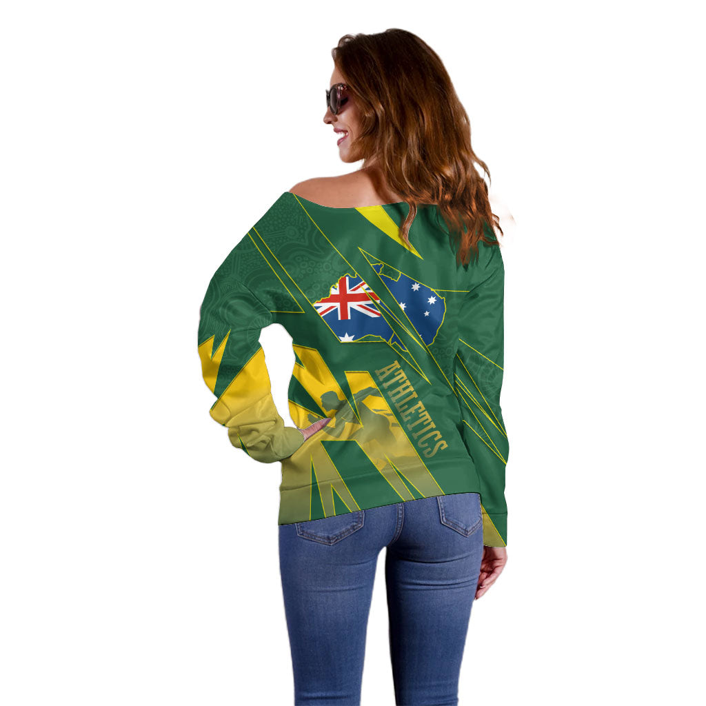 Australia Athletics Off Shoulder Sweater Australian Flag Map Track Runner Silhouette Green Gold