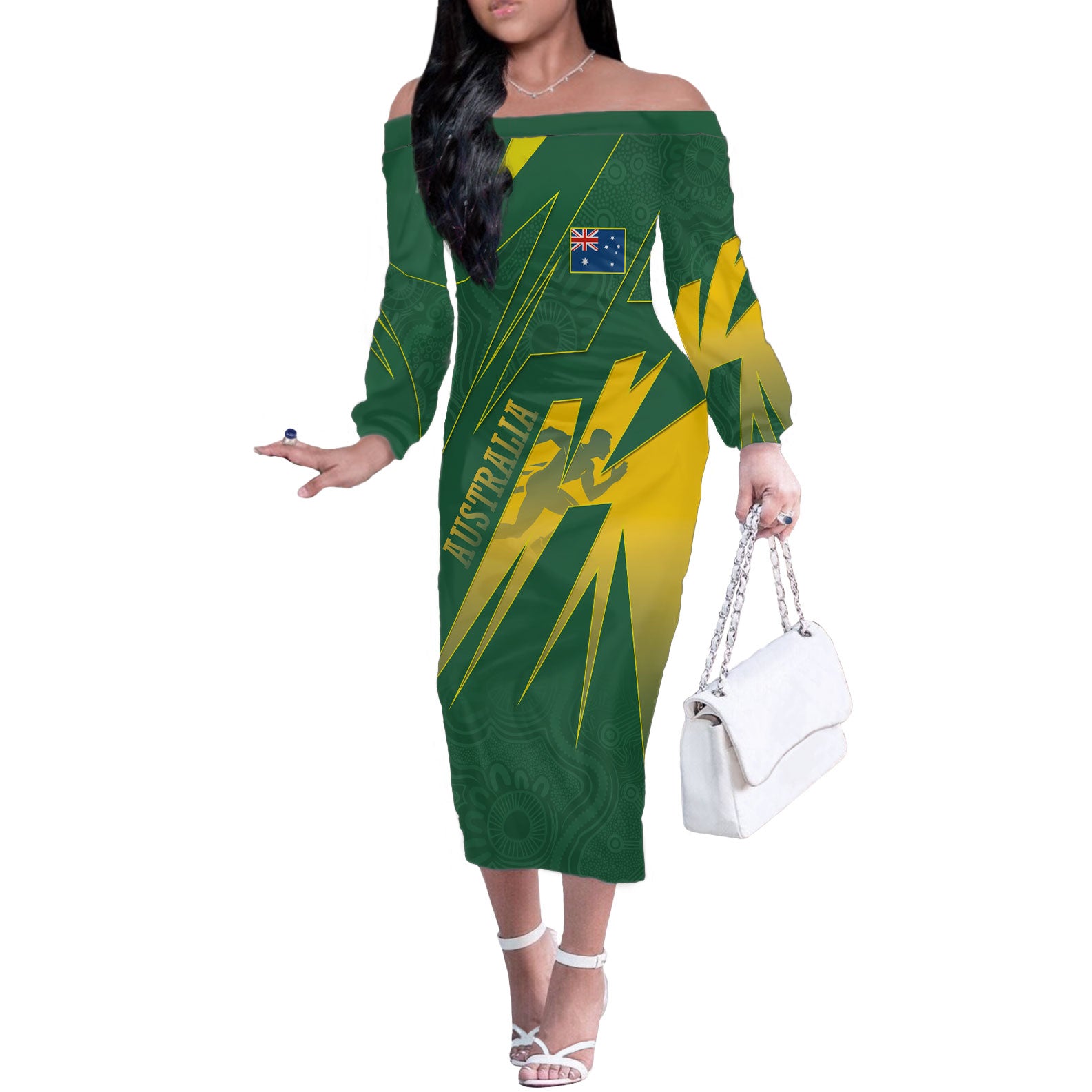 Australia Athletics Off The Shoulder Long Sleeve Dress Australian Flag Map Track Runner Silhouette Green Gold