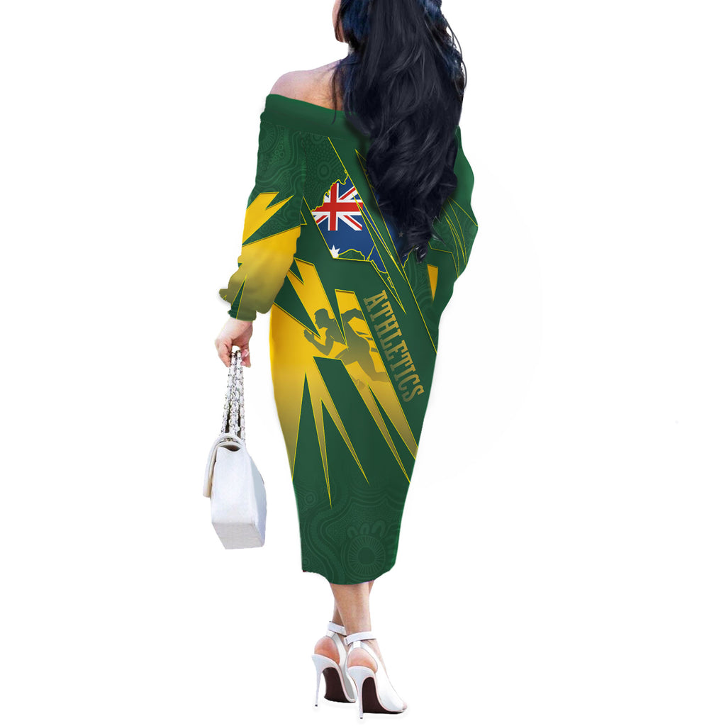 Australia Athletics Off The Shoulder Long Sleeve Dress Australian Flag Map Track Runner Silhouette Green Gold