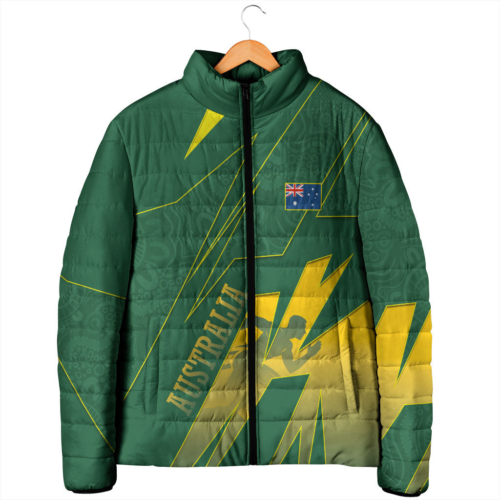 Australia Athletics Padded Jacket Australian Flag Map Track Runner Silhouette Green Gold