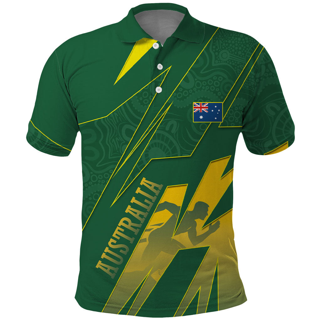 Australia Athletics Polo Shirt Australian Flag Map Track Runner Silhouette Green Gold