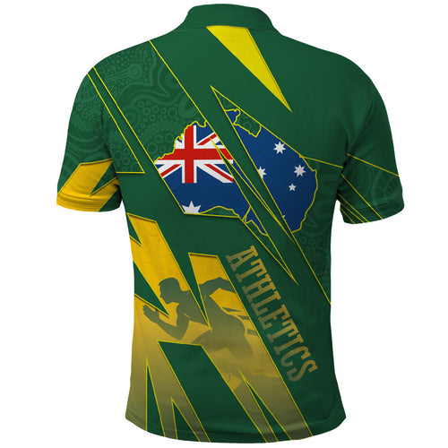Australia Athletics Polo Shirt Australian Flag Map Track Runner Silhouette Green Gold
