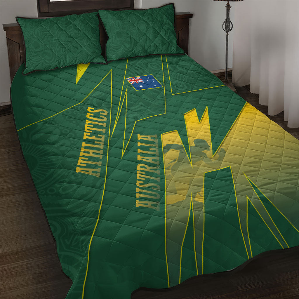 Australia Athletics Quilt Bed Set Australian Flag Map Track Runner Silhouette Green Gold
