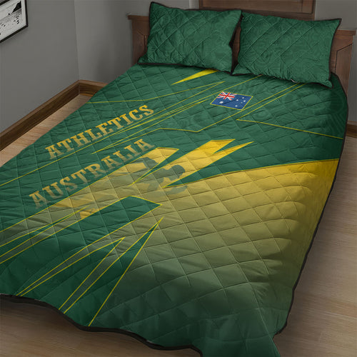 Australia Athletics Quilt Bed Set Australian Flag Map Track Runner Silhouette Green Gold