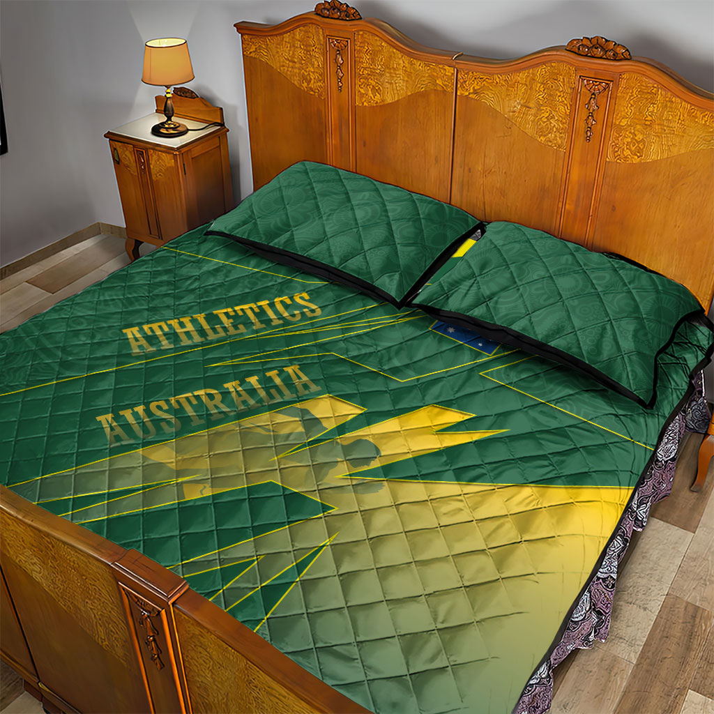 Australia Athletics Quilt Bed Set Australian Flag Map Track Runner Silhouette Green Gold