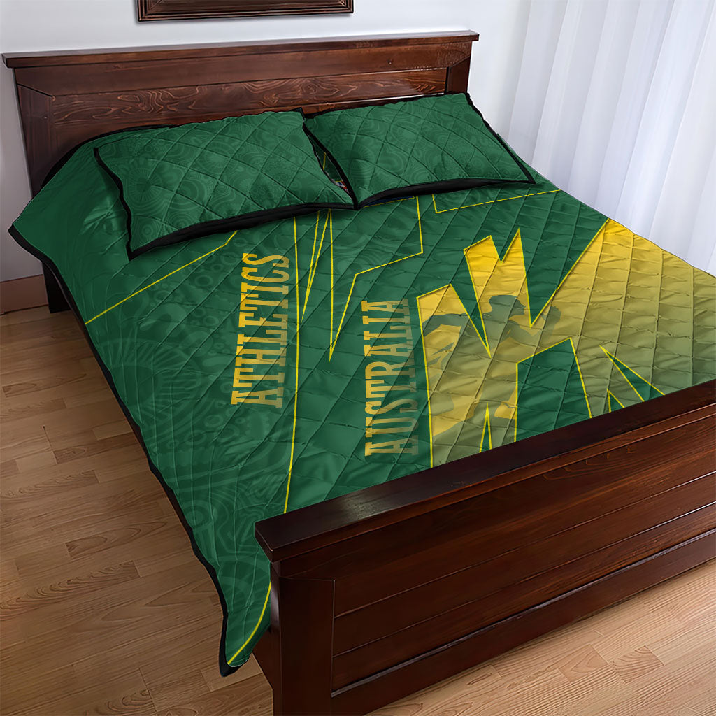 Australia Athletics Quilt Bed Set Australian Flag Map Track Runner Silhouette Green Gold